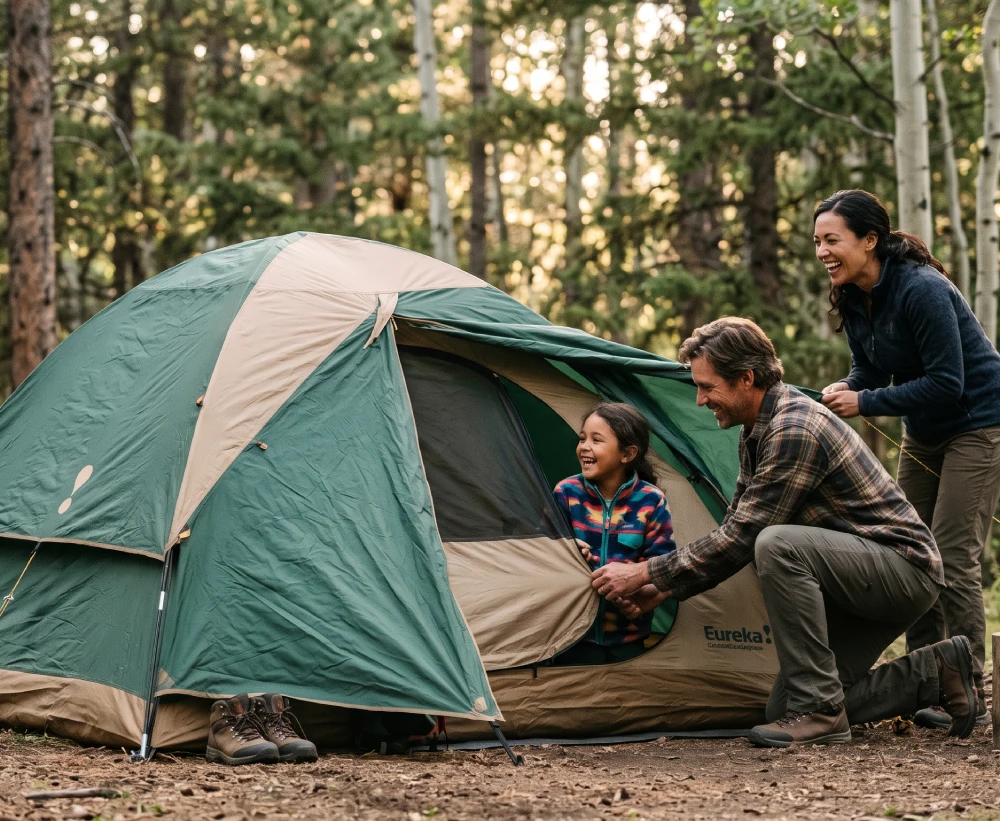 Family setting up camping tent